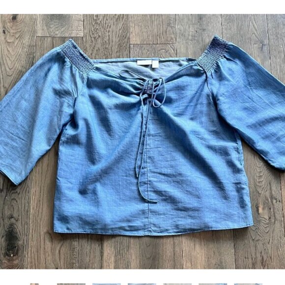 Hinge Chambray Off Shoulder Top Size XS Blue Flowy Boho Blouse Lightweight - Picture 2 of 7